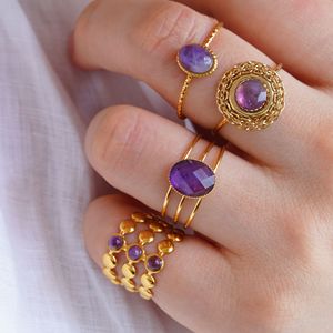 Anillos de acero inoxidable, joyería para mujer, chapado en oro de 18K, resistente al agua, sin deslustre, abierto, ajustable, piedra Natural, anillo de amatista curativo - Product Image 2