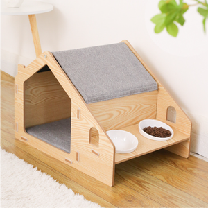 Casa para mascotas de madera con diseño sólido personalizado con comedero elevado, muebles para gatos de interior y alfombrilla suave para gatos y perros pequeños - Product Image 2