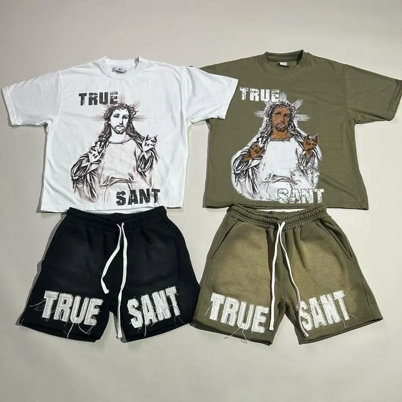 Sommerkleidung Herren Kurze Sets Zwei-teiliges T-Shirt Shorts-Set Terry Baumwolle Streetwear Sonne verblasst Herren Acid-Wash-Kürze-Set