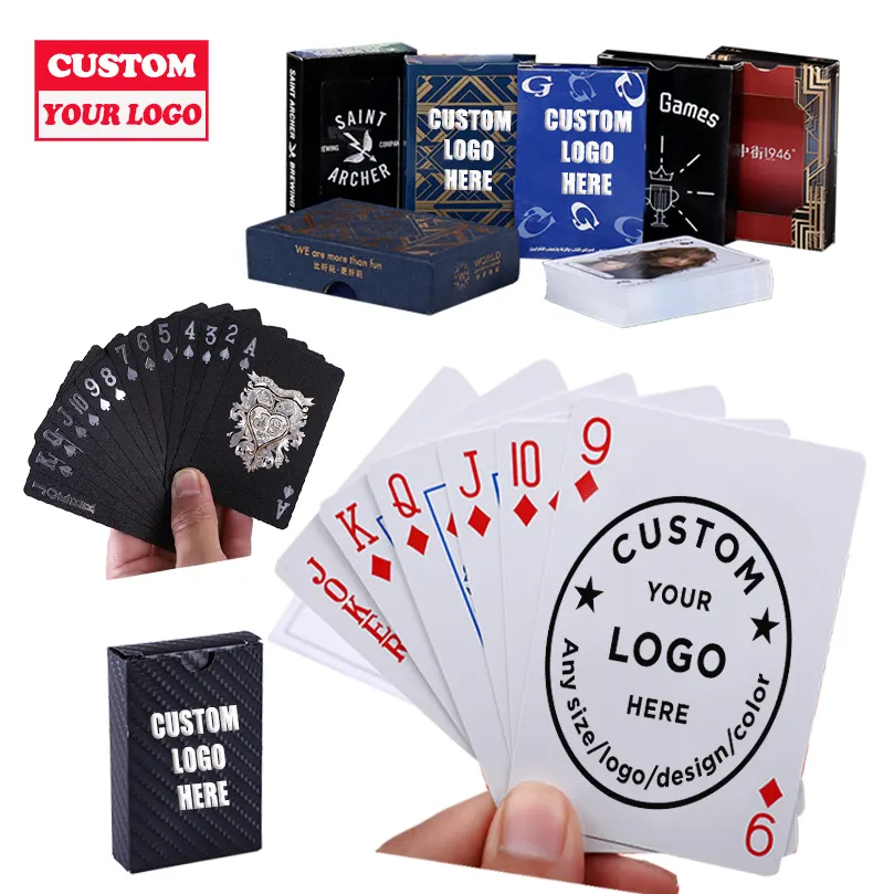 Tarjeta de juego de sublimación impermeable con caja, Logo de impresión frontal y trasera, papel dorado, Pvc, juego de plástico personalizado, carta de juego de póker