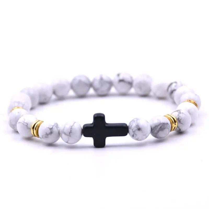 Gelang Liontin Mata Harimau Silang Hitam Putih untuk Pria dan Wanita Gelang Manik-manik Batu Lava Howlite Garis Elastis