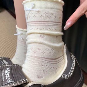 Women Breathable Mid Calf <b>Socks</b> With Bow And Heart Pattern Cream Color Spring Summer Wear - Product Image 1