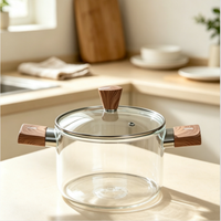 Casserole en verre borosilicate de haute qualité avec deux poignées en bois et couvercle, résistante à la chaleur, pour cuisinière à gaz et électrique