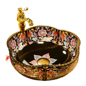 Lavabos de salle de bain en céramique faits à la main, en porcelaine artistique en forme de fleur avec plan de travail noir, lavabo artistique chinois - Product Image 1