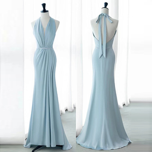 Abito <span class=keywords><strong>da</strong></span> <span class=keywords><strong>Cerimonia</strong></span> Blu con Scollo a V, Elegante, Schiena Scoperta, Stile Sirena/Tromba, Lunghezza a Terra, 100% Cotone, con Cristalli, Antistatico - Product Image 1