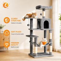 Arbre à chat moderne de luxe en bois massif, avec condo en peluche gris clair, poteaux à gratter, structure d'escalade à 2 niveaux, emballage en carton