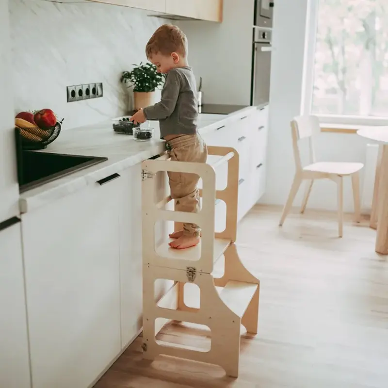 Torre de aprendizaje de madera marrón ayudante de cocina torre de aprendizaje plegable metal anda plástico torre de aprendizaje klappbar