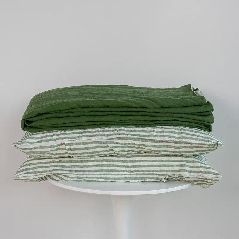 green stripe double sided design modern style bedding suppliers 100%flax linen duvet cover set