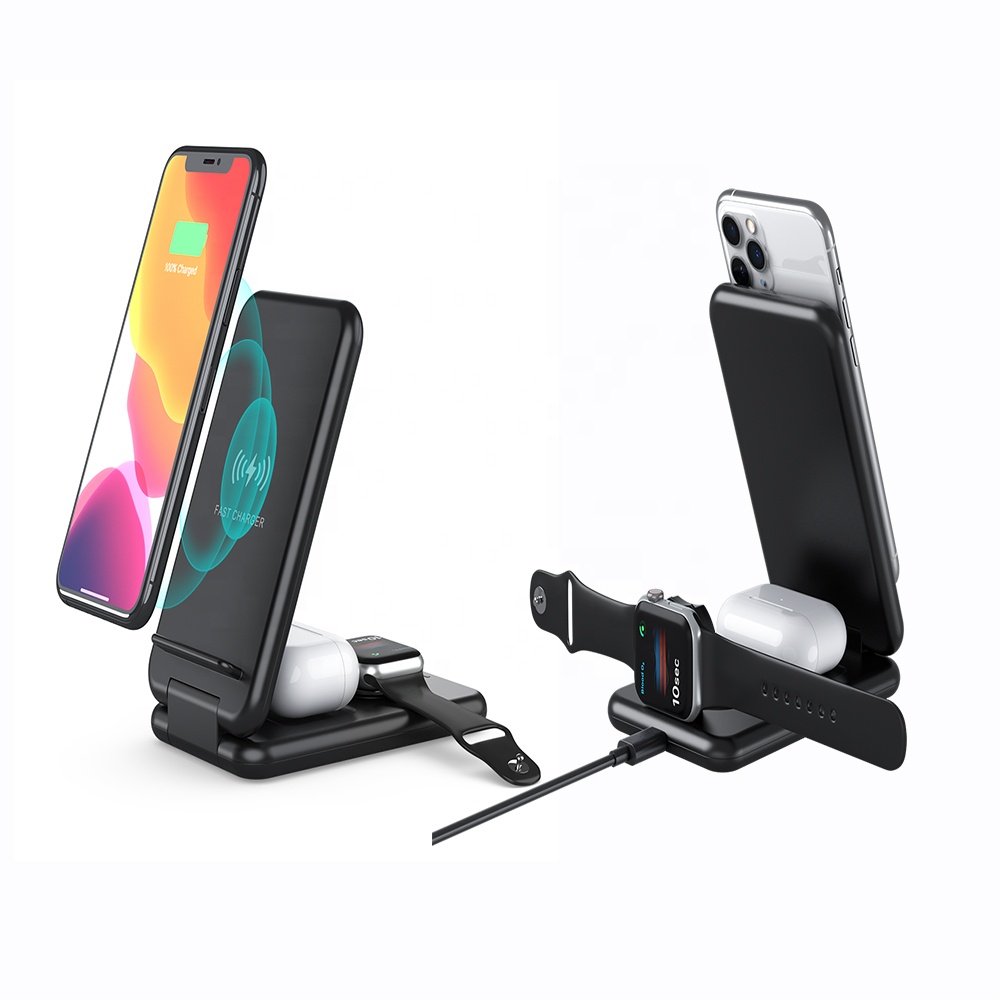 New Foldable 15W Fast Charge Qi Certified 3 in 1 Wireless Charger Stand Folding Charging Station Dock for iPhone 12 Mini Max Pro