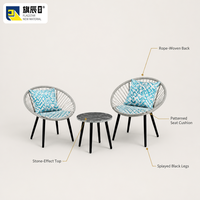 Acapulco Stuhl Outdoor Bistro-Set 3-teilig PE-Seil Geflochten 2 Stühle Marmor-Tischplatte Beistelltisch Schwarze Metallbeine