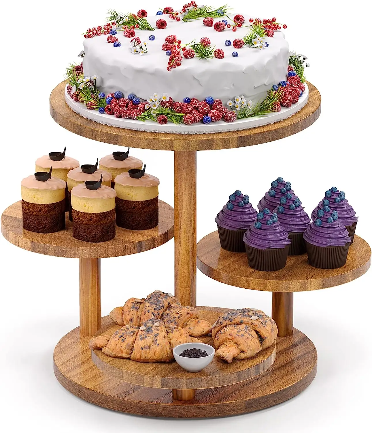 4 Tier Round Cupcake Tower Stand,Wood Cake Stand with Tiered Tray Decor
