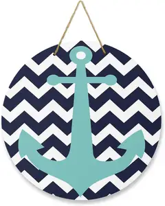 Welcome Sign for Front Door Teal Anchor Round Wooden Hanging Sign Housewarming Gift for Home Nautical Zig Zag Navy Blue