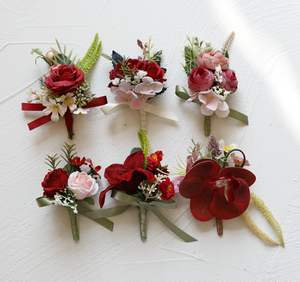 Venta al por mayor personalizado novio nupcial boda graduación Navidad flores artificiales Borgoña colección broche muñeca flor ramilletes - Product Image 1