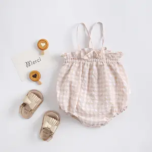 Ins Summer Newborn Infant Toddler Baby Kids Girl Grid Print Strap Sleeveless Cotton Sling Sunsuits Baby Romper