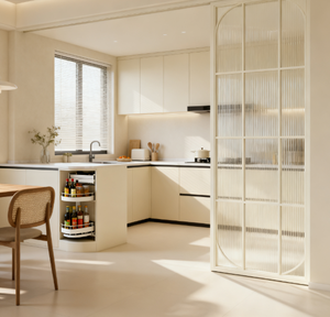 Vendita calda in stile crema armadi da <span class=keywords><strong>cucina</strong></span> a forma di L con cestini estraibili aperti di grandi dimensioni per cucine moderne per la casa - Product Image 1