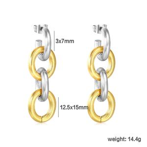 Bijoux tendance pour femmes en acier inoxydable plaqué or 18 carats, trois anneaux circulaires, pendentif rond de couleur mélangée, boucles d'oreilles pendantes - Product Image 2