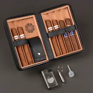 2024 Tempat Cerutu kulit Modern Travel Case kotak kotak cerutu kayu dengan lebih ringan portabel kotak Humidor kayu Cedar