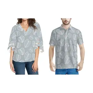Loose Breathable Chiffon Top Set 3/4 Sleeve Ladies' Blouses and Men's Polo Shirts Grey Kalo Leaf Print On Demand