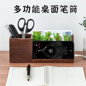 Caja porta bolígrafos de madera maciza, color nogal, soporte multifuncional para teléfono, almacenamiento de papelería para escritorio de oficina - Product Image 2