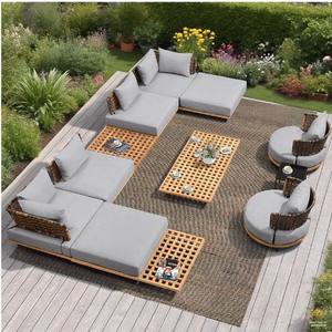 Ensemble de canapés d'extérieur modernes en bois massif et rotin imperméables avec finition en teck pour hôtels, cours, villas - Product Image 2