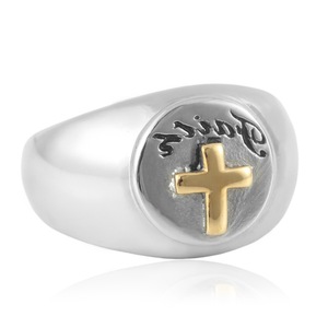 yunnique Men's <b>Titanium</b> Steel Cross <b>Ring</b> Two Tone Design Geometric Pattern Gift Jewelry - Product Image 3