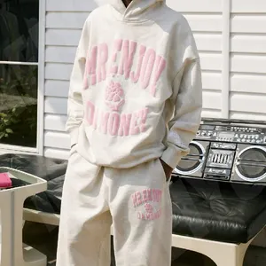 Oem personalizado Puff estampado Logo Heavy Hoodie 100% algodón Oversized Jogger Sweat Pant y Hoodie Set Pullover Sweatsuit Tack Suit