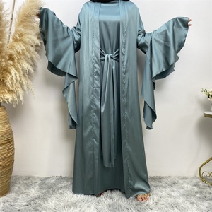 1925# Two Pieces Abaya Set Chic Lace up Waist Long Inner Dress and Ruffle Sleeves Cardigan Satin Material Eid Women Abaya - Product Image 3