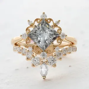 moissanite ring princess Smokey Gray Moissanite Vintage Filigree bridal ring sets moissanite diamond ring