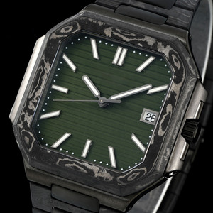 Montre mécanique pour homme, cadeaux de Noël, luxe, rétro, décontractée, boîtier octogonal en fibre de carbone, cadran vert, affichage de la date, montre-bracelet - Product Image 2