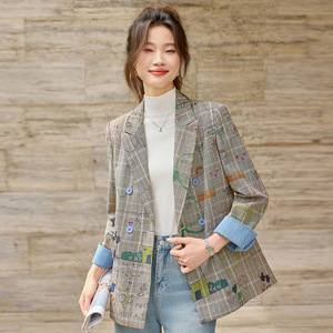 Women's Plaid Blazer Gray Graffiti Pattern Casual Work Wear Autumn Winter Style - Product Image 1