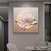 Peinture en relief 3D Harmonie Lumière de lune Style chinois Lotus Art mural décoratif de luxe léger pour Hall d'entrée, Couloir, Salle à manger