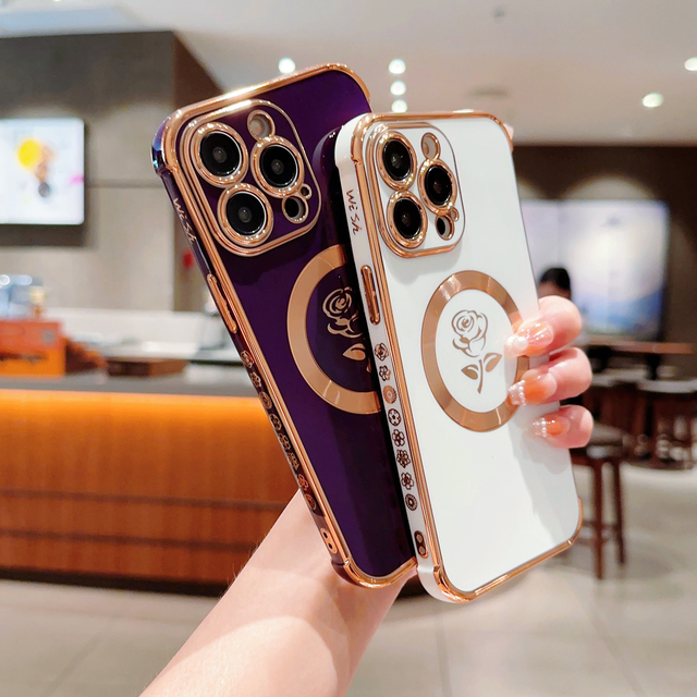 Luxury Plating Flower Design Phone Cases for iPhone 15 Pro Max 14 13 12 11 XR Magnetic Charge Fashion Phone Cover