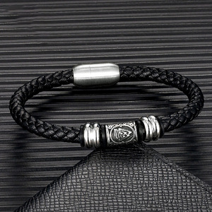 Men's Braided <b>Leather</b> <b>Bracelet</b> Stainless Steel Rune Beads Magnetic Clasp Gift Jewelry 19cm 21cm 23cm - Product Image 1