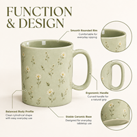 Tasse à boisson en céramique grès de qualité supérieure, motif floral marguerite blanc brillant vert sauge, pour le petit-déjeuner, la cuisine et la salle à manger