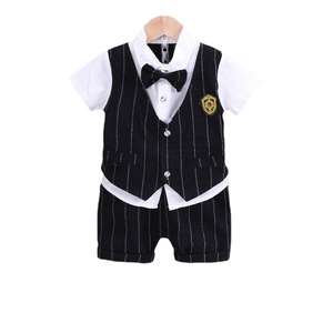 Ensemble de tenue de cérémonie d'été pour tout-petit : Chemise à manches courtes avec revers et nœud papillon, gilet rayé et pantalon – 2 pièces, costumes formels pour garçons - Product Image 3