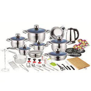 45 Piece stainless steel kitchen cookware set with blue glass lid & thermometer knob cooking pot set