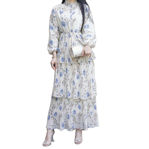 Robes modestes élégantes de Dubaï pour femmes, imprimé floral, abaya en mousseline de soie, matière respirante en viscose, tenue décontractée - Product Image 1