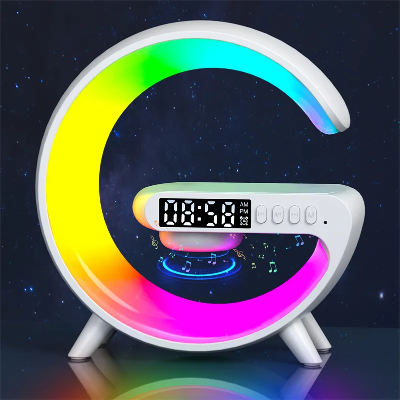 New Arrival Trending Products Small Size No APP G Shaped Wireless Charger Led Lamp with BT Speaker Alarm Clock