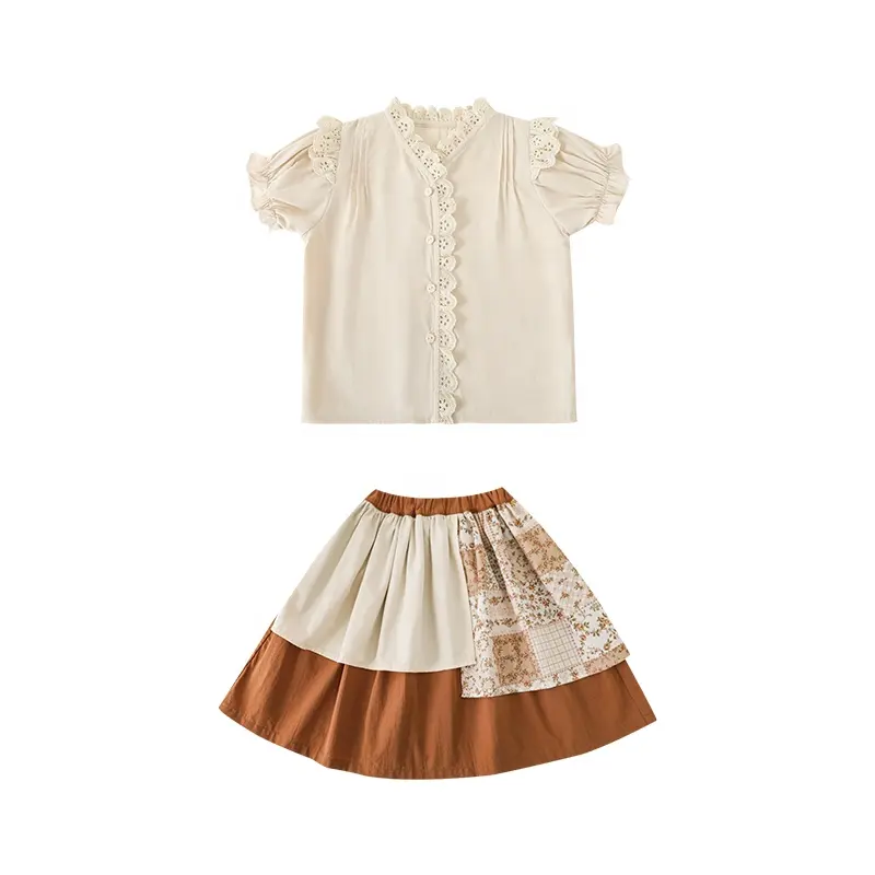 High Quality Beige Floral Skirt Woven Summer Baby Girls T-shirt Shorts Set Casual Wholesale High Quality Toddler Girls Suit