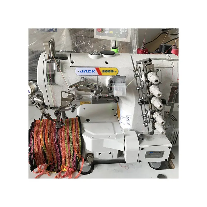 De segunda mano original Jack 8669 3 aguja 5 hilo tipo de cilindro de alta velocidad de la industria de la máquina de coser