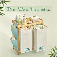 Panier à linge double en bambou 100L avec étagère supérieure, trieur de linge coulissant, 2 sections, avec sacs amovibles