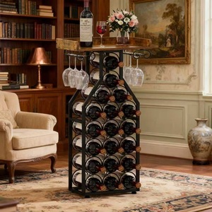 Estante para vinos de metal, de pie, con capacidad para 24 botellas, con soporte para copas, diseño moderno minimalista para almacenamiento en la sala de estar. - Product Image 4