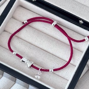 S925 Sterling Silver Red Rope Bow <b>Bracelet</b> For Women <b>Adjustable</b> Everyday Wear Jewelry - Product Image 3