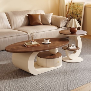Tavolino da Caffè Ovale in Stile Wabi-Sabi, Moderno, Color Crema, in Legno Massello Color Noce con Struttura in Ferro, <span class=keywords><strong>Arredamento</strong></span> di Lusso <span class=keywords><strong>per</strong></span> Soggiorno di Piccoli Appartamenti - Product Image 2
