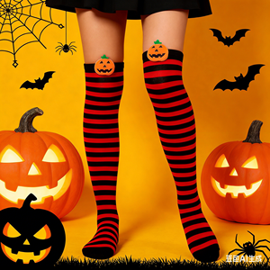 Chaussettes rayées au-dessus du genou pour femmes, motif démon <span class=keywords><strong>de</strong></span> dessin animé et citrouille, pour Halloween, cosplay et fêtes costumées - Product Image 3