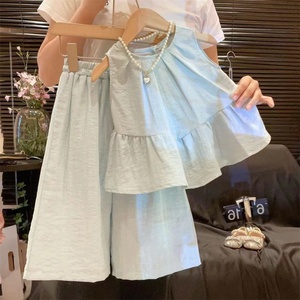 <span class=keywords><strong>Ropa</strong></span> de dos piezas de verano estilo Casual patrón sólido manga superior pierna <span class=keywords><strong>ancha</strong></span> pantalones de mezclilla suave <span class=keywords><strong>ropa</strong></span> de niños para niñas nuevo 2025 - Product Image 6