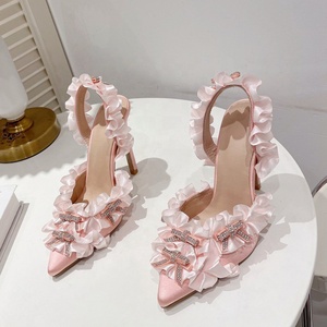 Women Shiny Diamonds Bow Flouncy Sandals High Heels Back Strap <b>Shoes</b> on Slingback Pointy Closed Toe Wedding Dress Pumps - Product Image 6