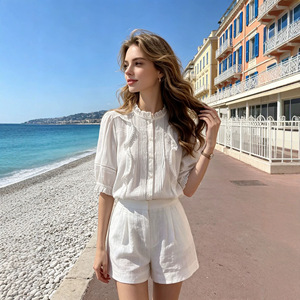 Chemisier Vintage Femme en Ramie et Dentelle, Style Français Doux, Col Montant, Manches Volantées avec Bordure à Volants, Haut Élégant et Jeune pour l'Été - Product Image 4