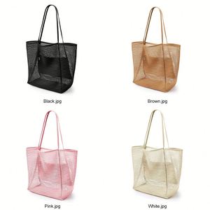Bolso de playa de malla tipo panal plegable para mujer, bolso de hombro ligero y transpirable con bolsillo interior con cremallera para vacaciones en la piscina - Product Image 2