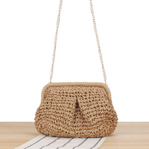 Sac à main polyvalent pour femme, bandoulière chaîne, en paille tressée avec doublure polyester, fermeture ouverte, idéal pour la plage et les vacances - Product Image 6
